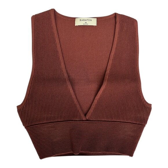 Babaton Sculpt Knit Brown Rust Deep V Neck Sleeveless Cropped Tank Top Size XS - Picture 2 of 4
